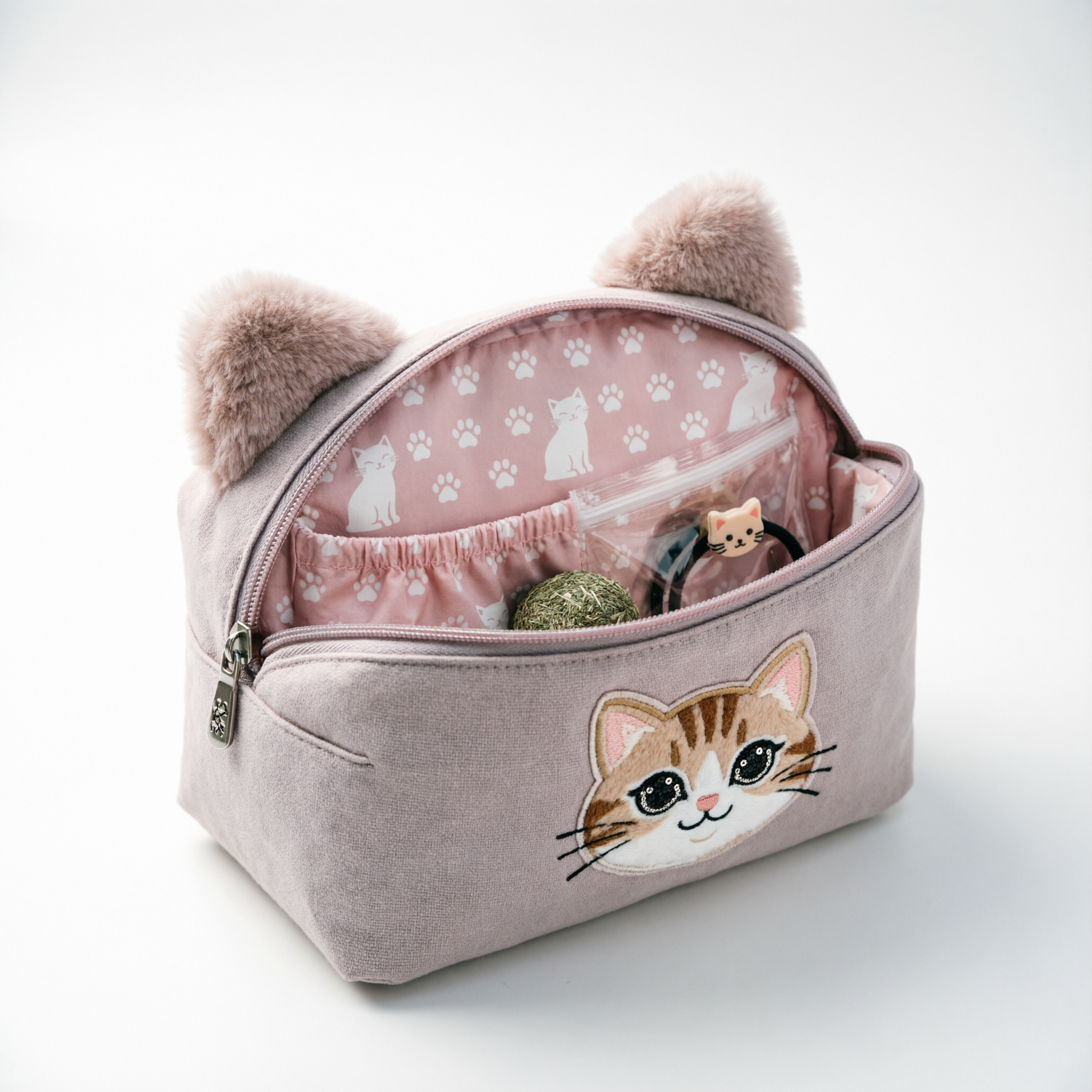 猫化妆包旅行袋，内衬可爱的猫用品